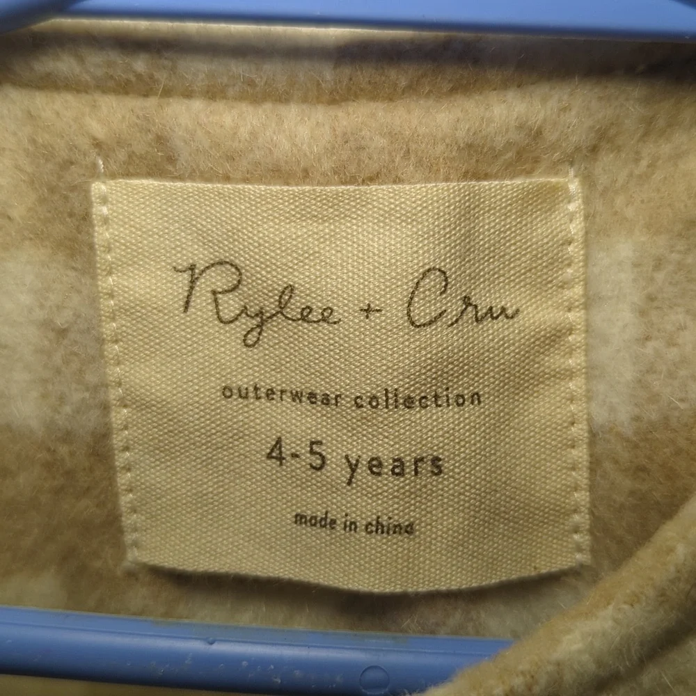 Rylee + Cru No-Collar Coat Oat Plaid Pattern Ivory Tan Wool Blend Girls Size 4-5 - Picture 2 of 5